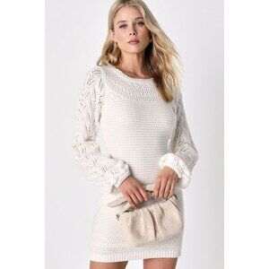 Lulus Winter Wonderful Ivory Pointelle Long Sleeve Sweater Mini Dress White